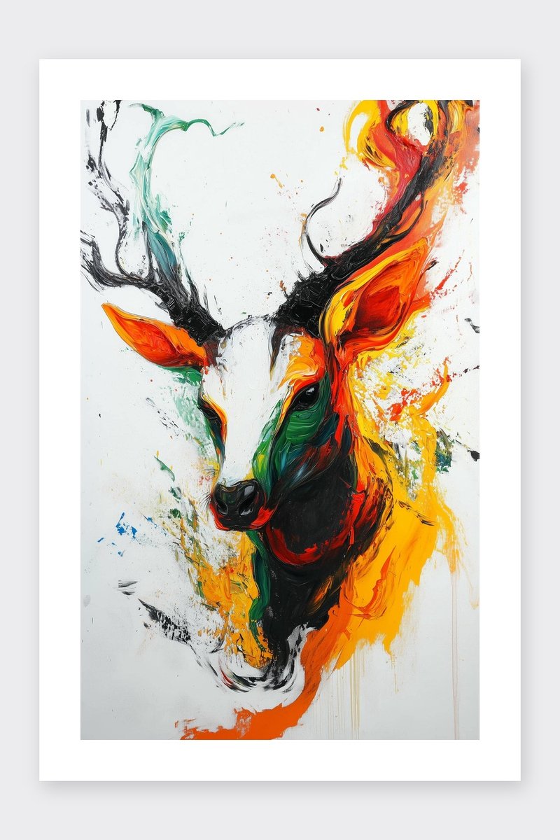 Hert Poster - Aquarel - Dieren - Natuur - Kunst - Artistiek - Wilde Dieren - posters - formaat 30x40cm - Wanddecoratie - BXS5410KMD - Met kader - passe-partouts stijl