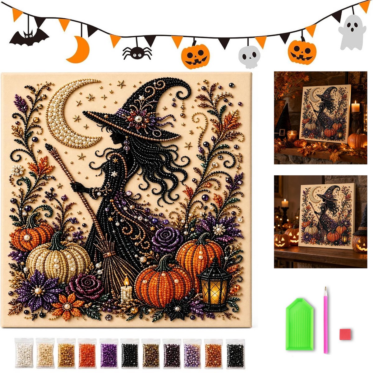 KZQ 3D Parelkunst DIY Set - Heks - 20x20 cm - Beginnersvriendelijk - Complete Set Met Parels & Gereedschap - Halloween Wanddecoratie