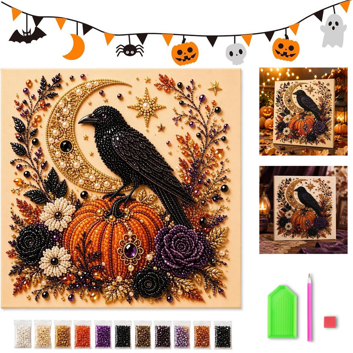 KZQ 3D Parelkunst DIY Set - Raaf - 20x20 cm - Beginnersvriendelijk - Complete Set Met Parels & Gereedschap - Halloween Wanddecoratie
