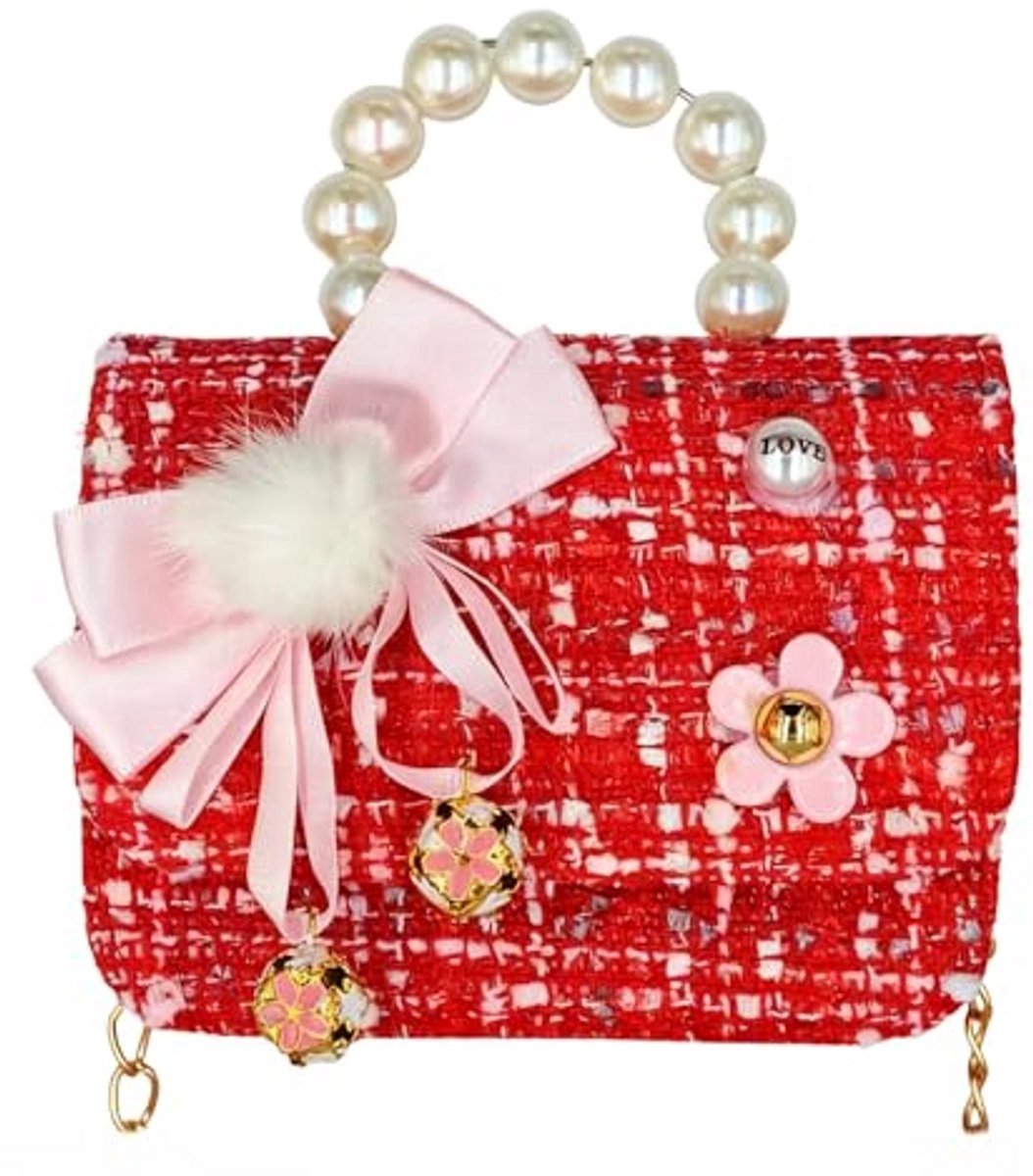 Casalora® Schoudertas voor meisjes met schattige strik en bel, mini-kralenhandtas, cadeau voor meisjes van 2-8 jaar - Rood