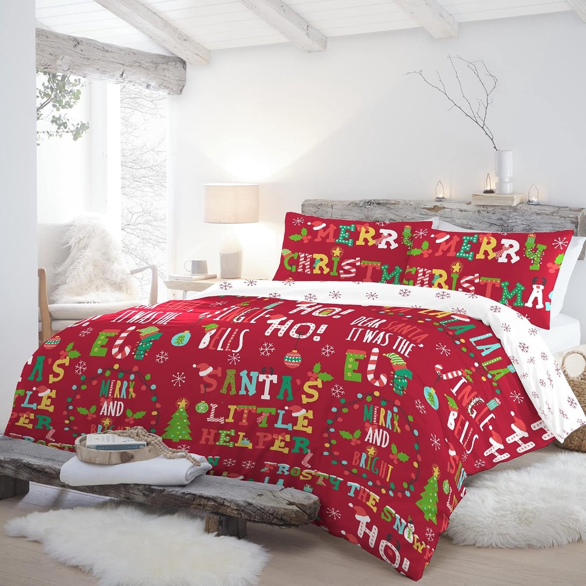 Dekbedovertrekset 200x200 cm - Kerstdessin - Omkeerbaar - Rood