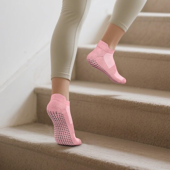 Set van 4 paar antislip-sportsokken - Stijl voor pilates en yoga (dames) - Eén maat (geschikt voor maat 36–41) - Zool met grip - Geschikt voor ballet, dans, revalidatie en fitness - Unisex - Zwart + Wit + Grijs + Roze — afbeelding 3