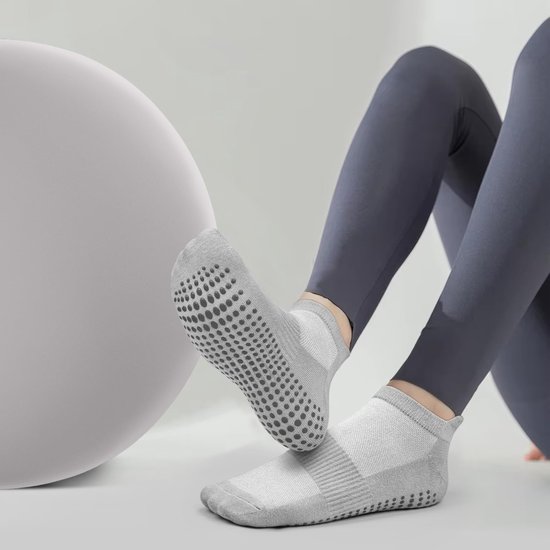 Set van 4 paar antislip-sportsokken - Stijl voor pilates en yoga (dames) - Eén maat (geschikt voor maat 36–41) - Zool met grip - Geschikt voor ballet, dans, revalidatie en fitness - Unisex - Zwart+Grijs — afbeelding 3