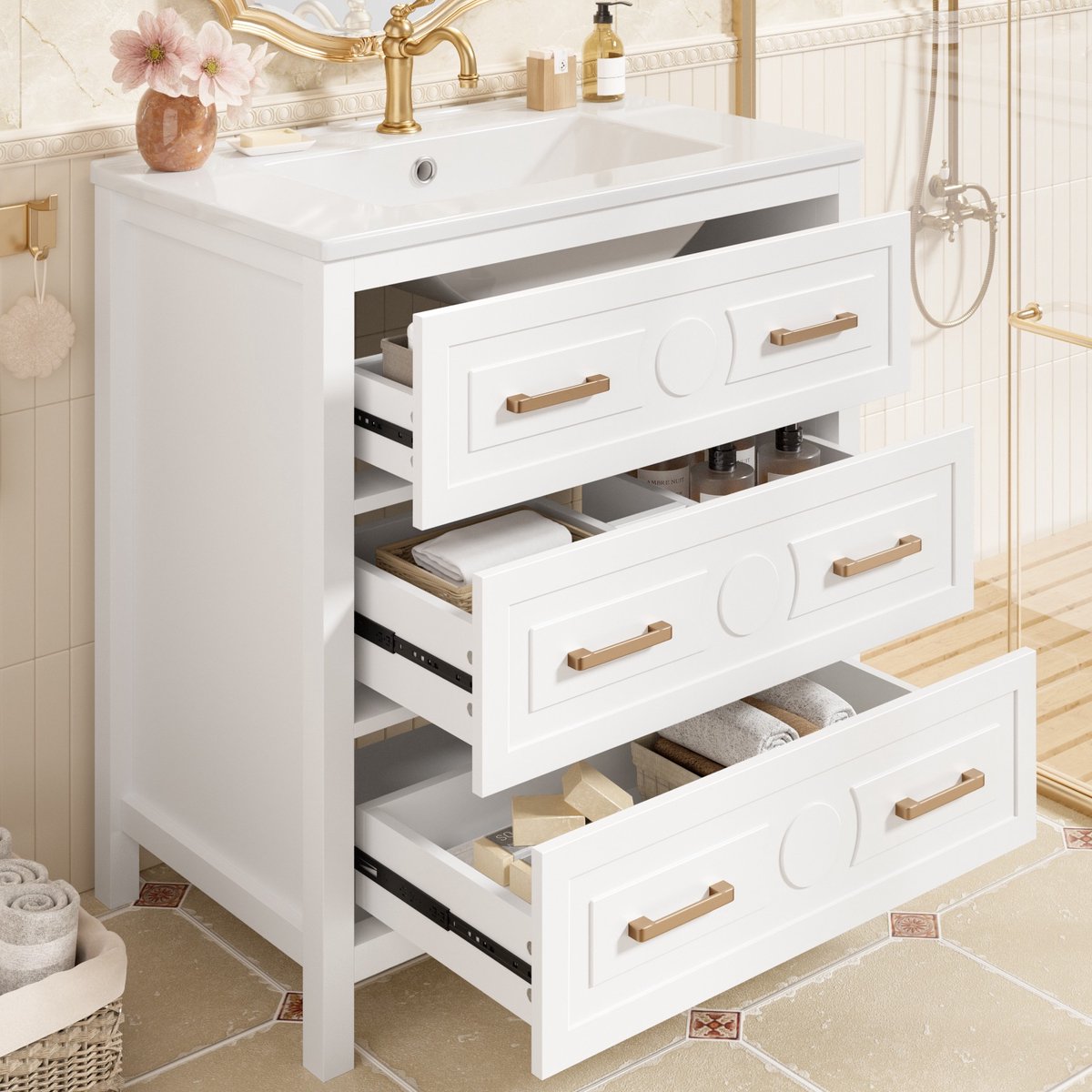 Vrijstaand Badkamermeubel - Wastafelmeubel 76,5 cm - Met Keramische Wastafel - 3 Lades - 76,5x47x82 cm - Softclose - Badkamer Wit