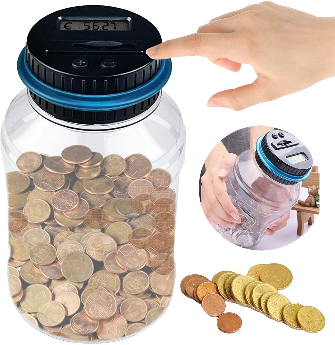 Digitale Spaarpot met Teller - 1,8 L - Elektronische Spaarpot met LCD-Scherm - Euro Spaarpot - Transparante Muntenteller - Automatische Spaarpot - voor Kinderen, Jongens, Meisjes en Volwassenen Cadeau