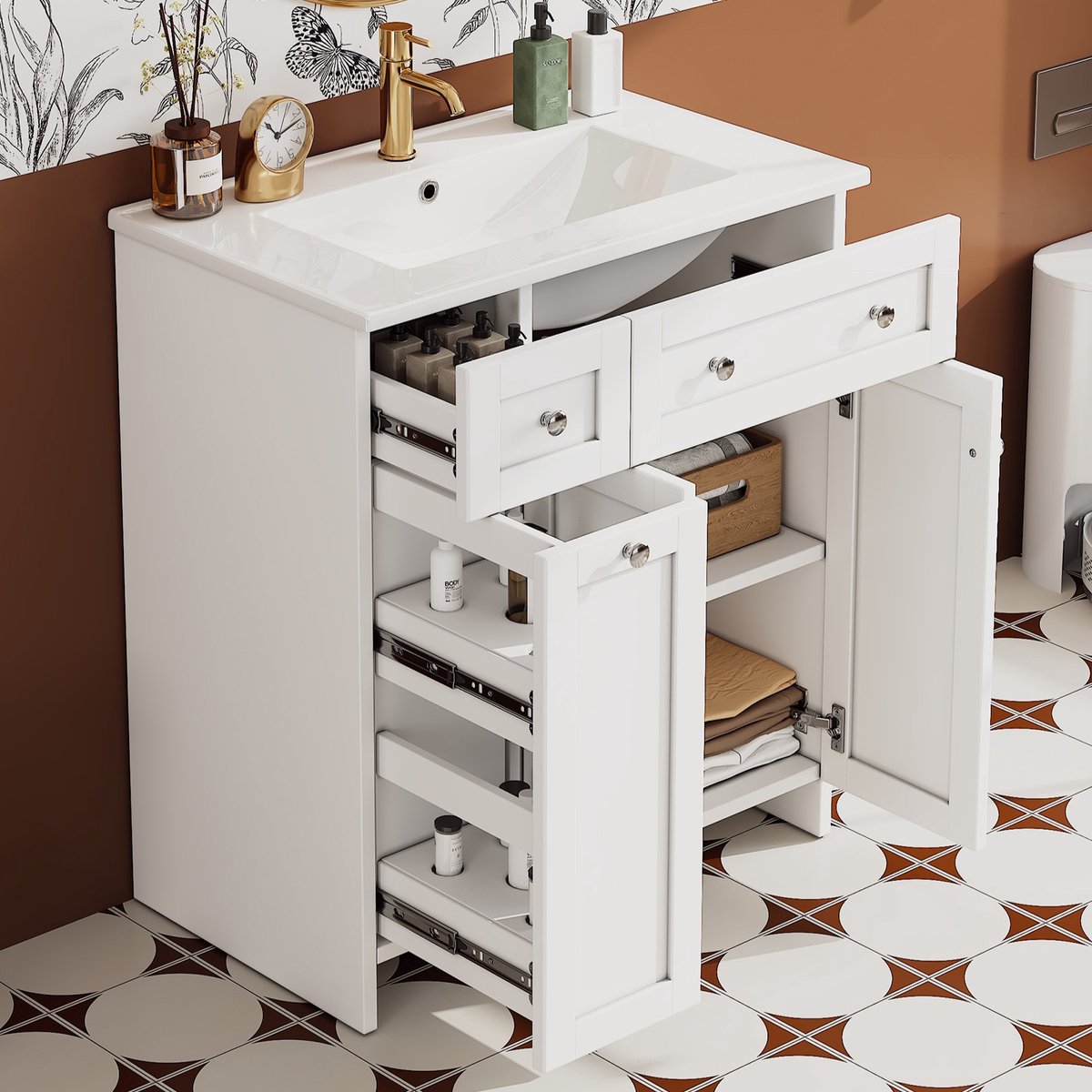 Vrijstaand badkamermeubel - Wastafelmeubel 76 cm - Met keramische wasbak - 3 lades en kast - 76x47x86 cm - Opbergen - Badkamer Wit