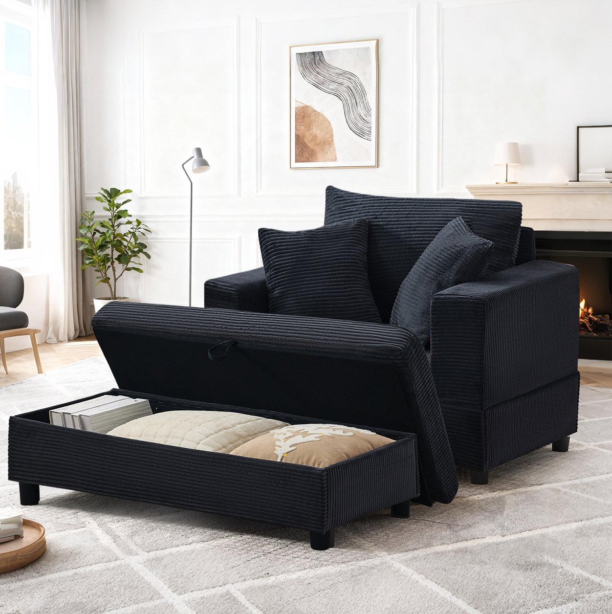 MODFU-Chaise Longue-Opbergruimte-3 Kussens-Zwart-Modern-Stof
