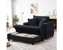MODFU Chaise Longue-Opbergruimte-3 Kussens-Zwart-Modern-Stof