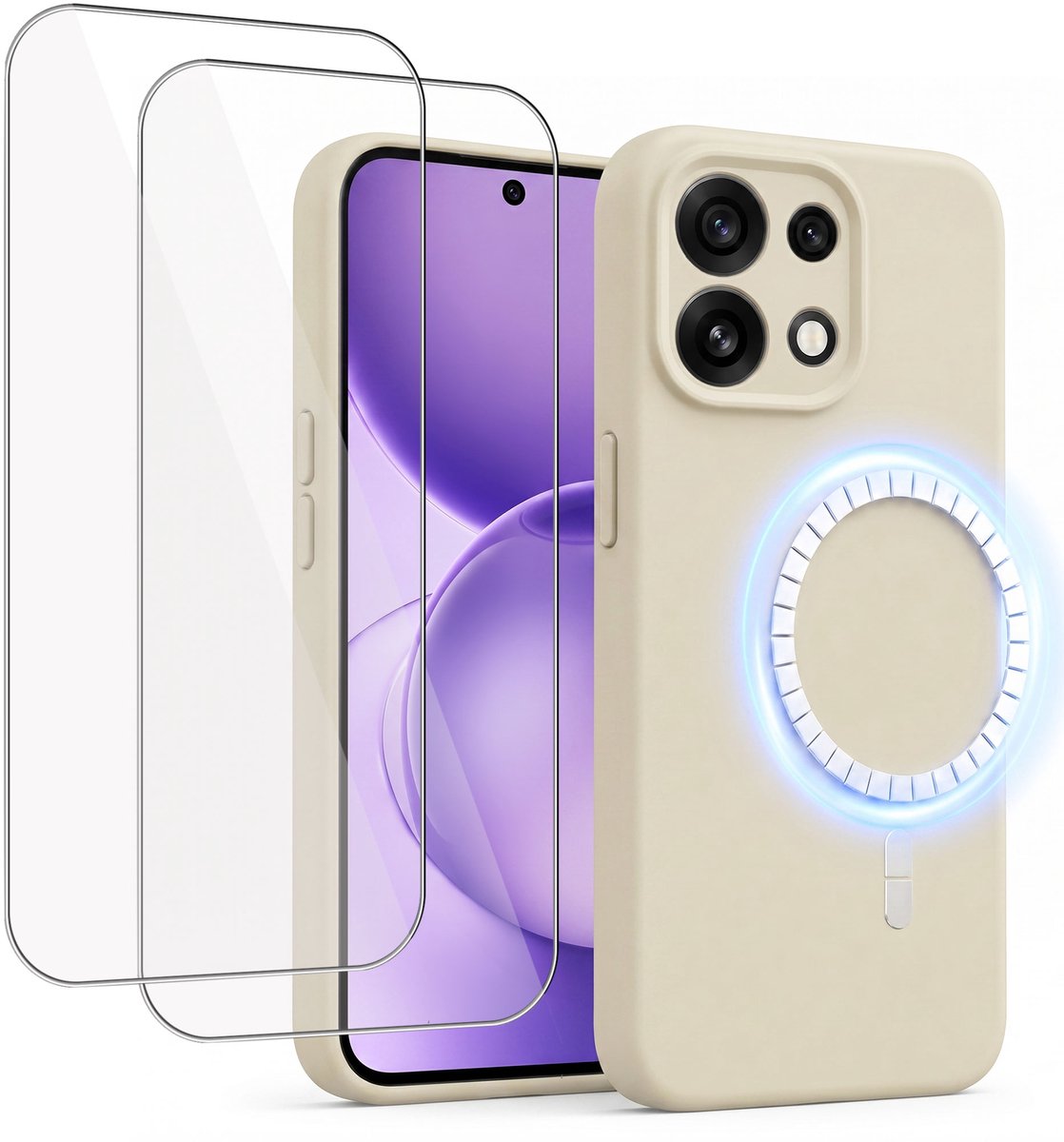 Hoesje + 2x Screenprotector geschikt voor Oppo Reno 16 Pro - Hoesje geschikt voor Magsafe - Draadloos opladen - Gehard Glas - Creme