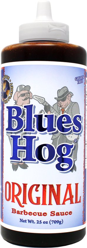 Blues Hog Original barbecuesaus, 709g fles met een etiket met Blues Hog logo en twee varkens in pak.