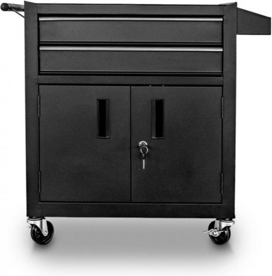 Zwarte werktafel met twee lades en een dubbele deur met slot.
