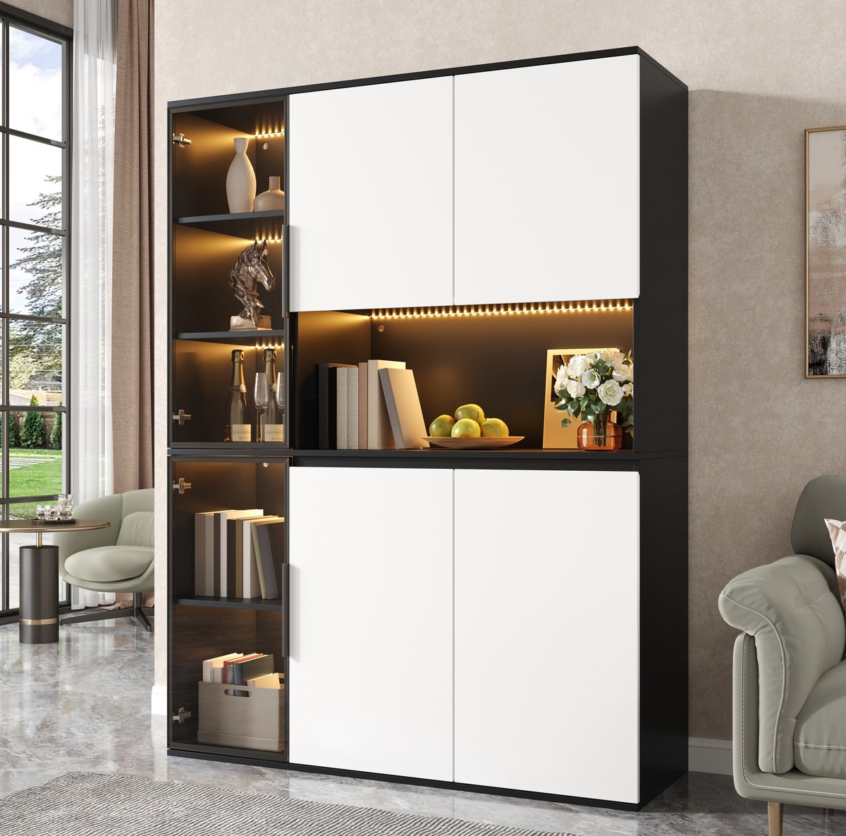 DESMIU Vitrinekast - Hoge Kast Met LED Verlichting En Glaselementen - Voor Woonkamer, Eetkamer Of Kantoor - MDF - 120x40x160 Cm - Zwart Wit
