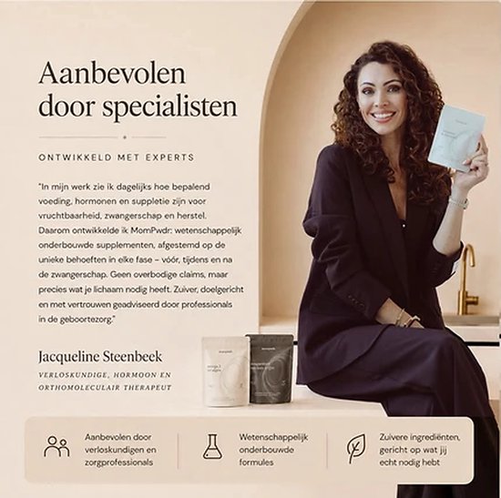 Zittende vrouw in donker pak houdt een wit zakje vast, met twee zakjes op tafel. Tekst 'Aanbevolen door specialisten' en een citaat.