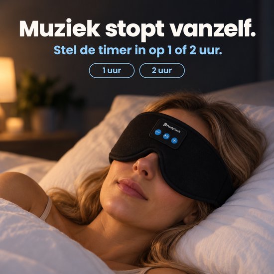 Femme dormant avec un masque de sommeil noir avec haut-parleurs bluetooth et panneau de commande. "La musique s'arrête toute seule. Réglez la minuterie sur 1 ou 2 heures."