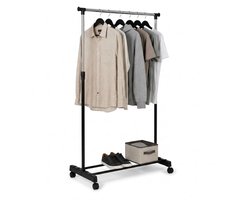 Kledingrek op wielen – 1 Stang - Telescopisch verstelbaar – Zwart – 170 cm – Enkel 30 kg