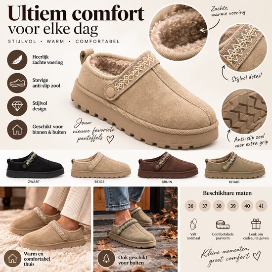 Beige pantoffel met zachte voering, decoratieve band, antislip zool en tekst in het Nederlands.