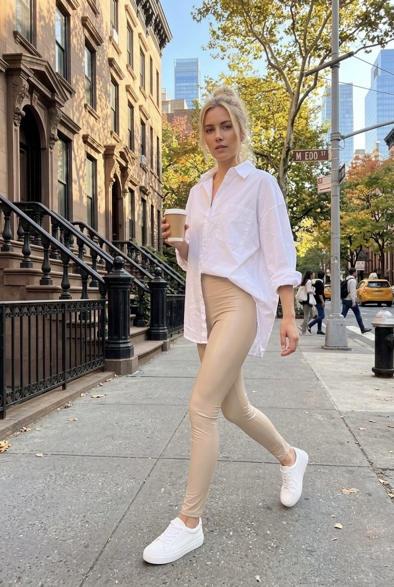 Legging, lederlook, beige, maat S/M