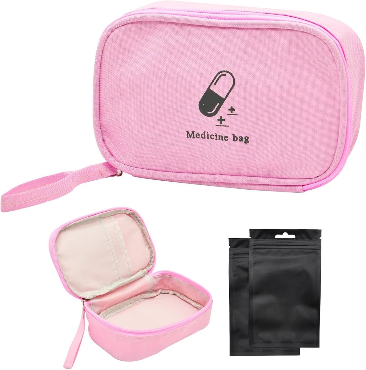 Compacte Eerste Hulp Pouch - Draagbare Pillen Organizer, Lege Medicijncontainer met Drie Vakken voor Reizen, Roze, 15cm x 10cm x 5.8cm, Modern Ontwerp en Handig voor Op Reis