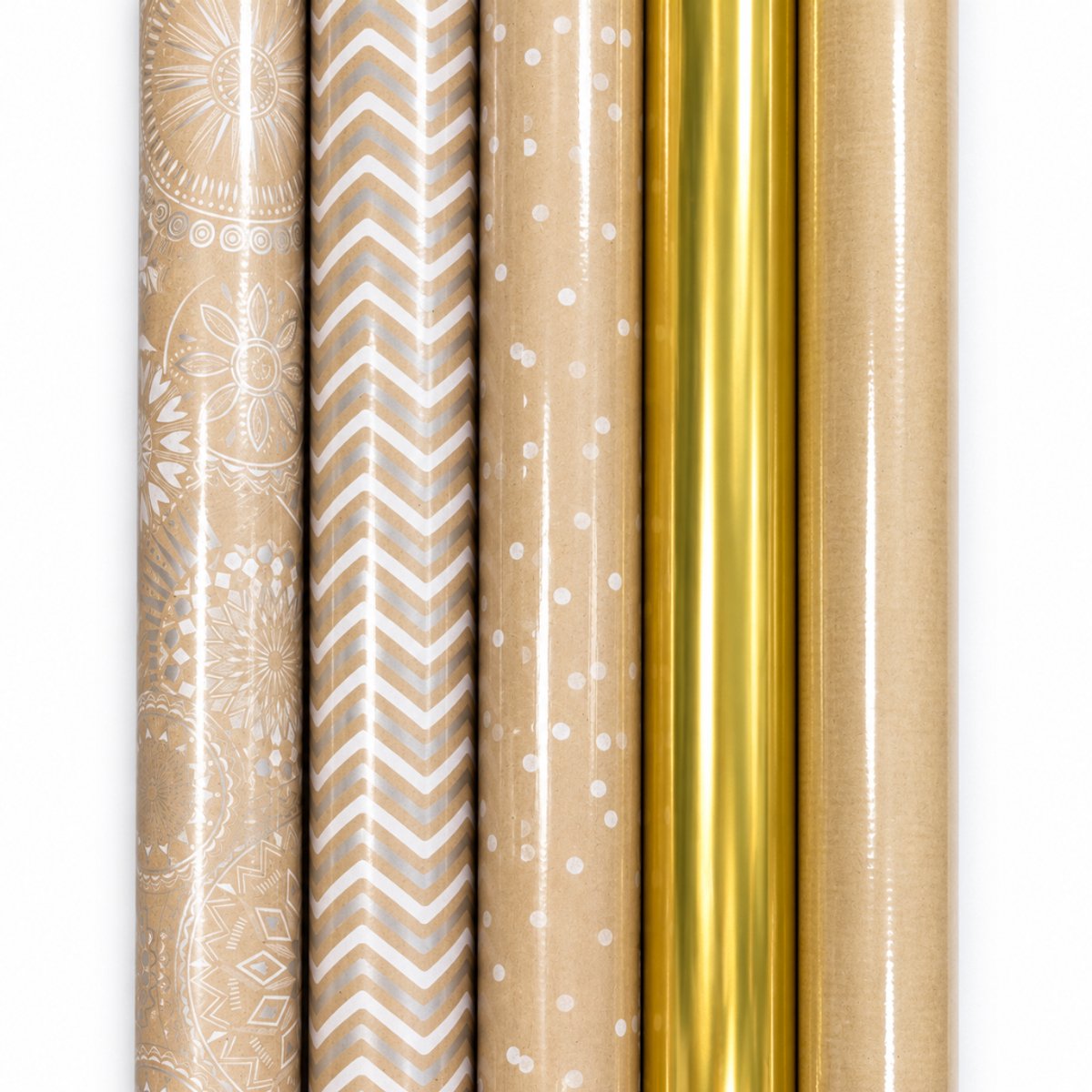 Cadeaupapier Set – Rustic Gold Collection (5 Stuks) – 200×70 cm – Kraft, Wit & Goud – Mandala, Chevron, Stippen & Effen Prints – Inpakpapier