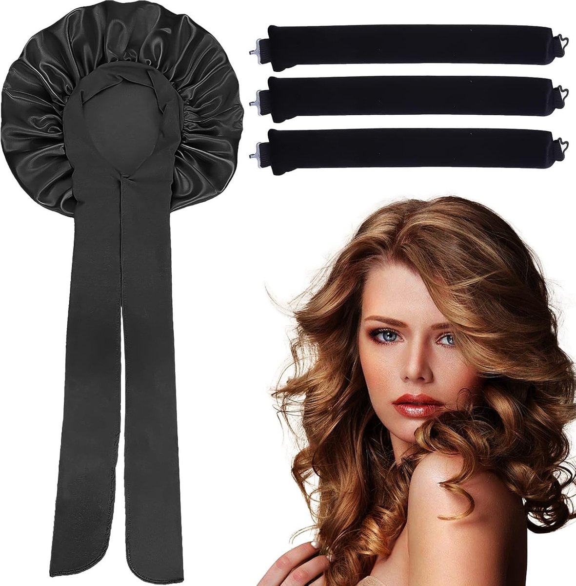 Set van 3 Heatless Curls Bands en Zijden Slaapmuts, Krulbanden zonder Hitte voor Nachtelijk Gebruik, Geschikt voor Alle Haartypes en Langdurige Krullen