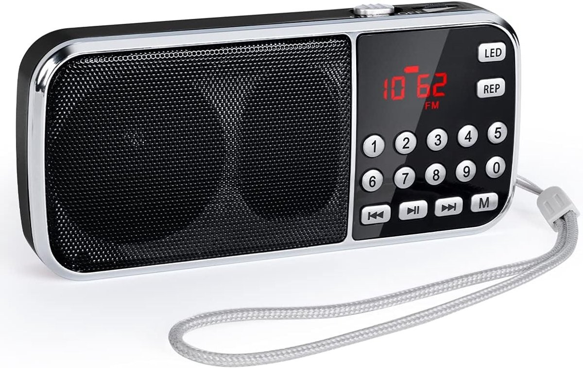 Mini Radio met Noodlamp - Zwart - 126 x 59 x 25 mm - Draagbaar met Dubbele Luidspreker en Oplaadbare Batterij - Voor Binnen en Buiten