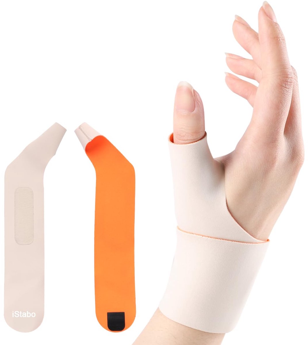 1 stuk - Steun voor de rechterduim en pols - Polssteun - Verlicht pijn bij carpaaltunnelsyndroom - Verlicht duimtendinitis - Polssteun - Herbruikbaar - Verstelbare ultradunne elastische compressiemouw - Maat M (vingeromtrek 6-7,5 cm) - Wit + Oranje