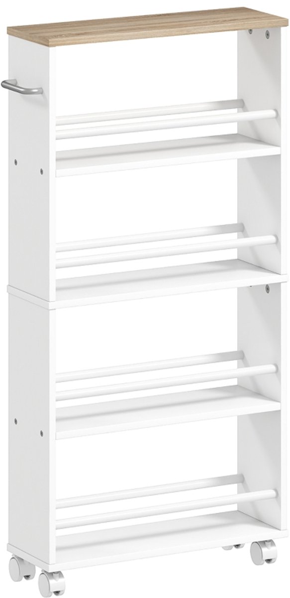 Opbergrek 45x15x91 cm Wit Spaanplaat Opbergrek Opslagrek Keukenopberging Met wielen Stevig en duurzaam Makkelijk te verplaatsen Praktisch en mooi Te gebruiken in de keuken, de badkamer en de woonkamer
