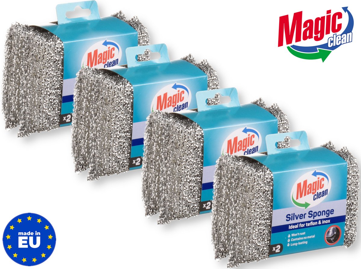 Pannensponsjes Krasvrij 8 stuks RVS Set - Teflon Voordeelpak - Metaalvrij Schuurspons