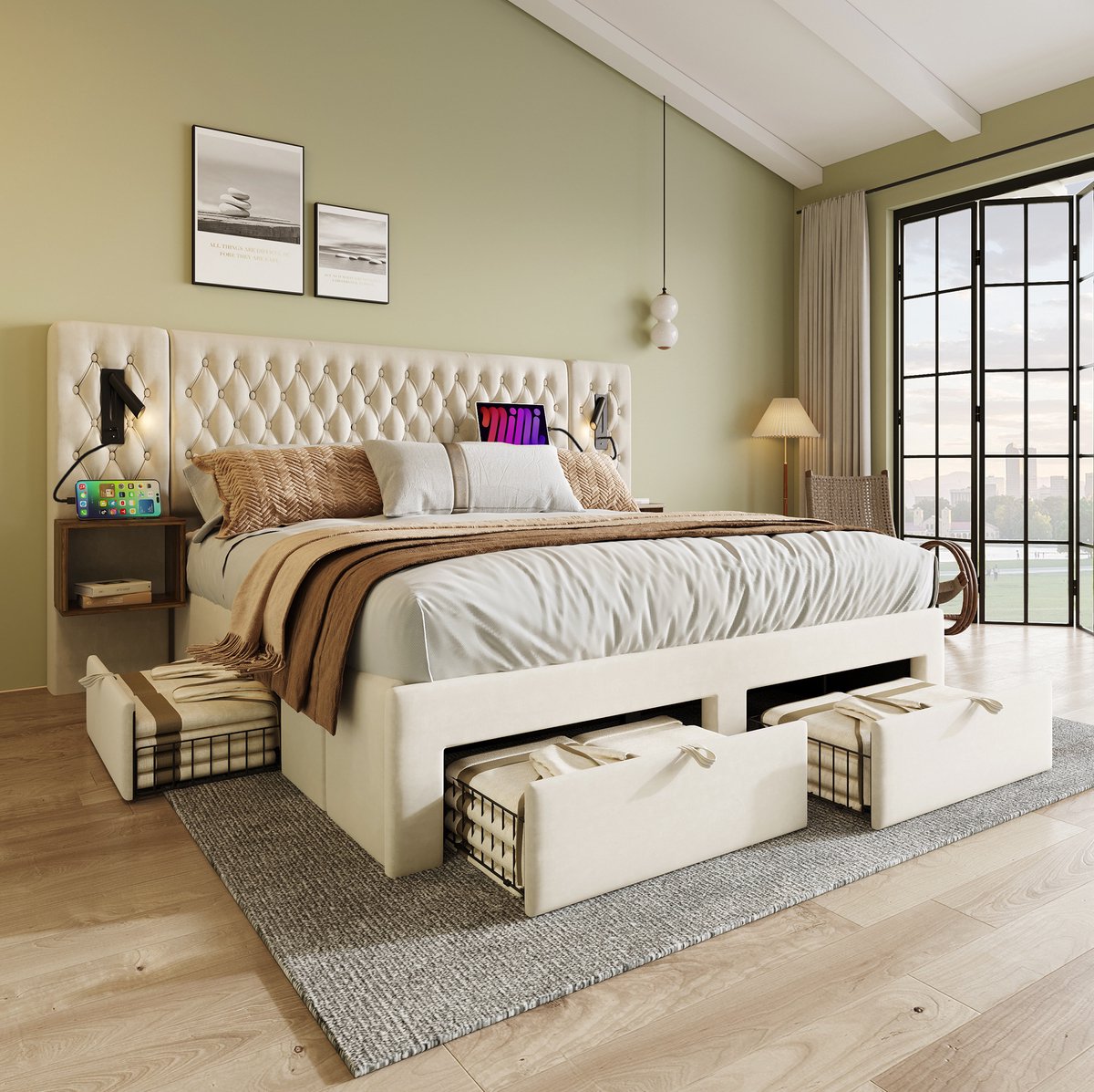 MIVRAY Complete Slaapkamer Bedset 180x200 cm - Gestoffeerd Bed met 2 Nachtkastjes en 4 Laden - Leeslampen USB Type C - Fluweel - Beige