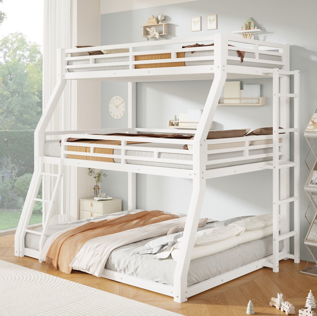 STILVORA Stapelbed 140x200cm – 3-Laags Metalen Bed met Ladder – Flexibel Plaatsbare Ladder – Voor Kinderen – Wit – Zonder Matras