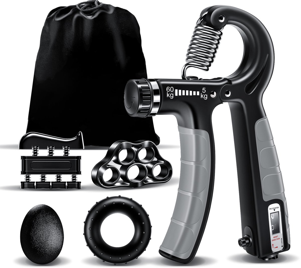 Handtrainer met Teller – 5-Delige Fitness Handtrainer Set – Trainer voor Hand, Onderarm, Pols & Vingers – Stressbal, Knijphalter, Stretcher & Grip bal – Instelbare weerstand van 10–60 kg– Anti RSI