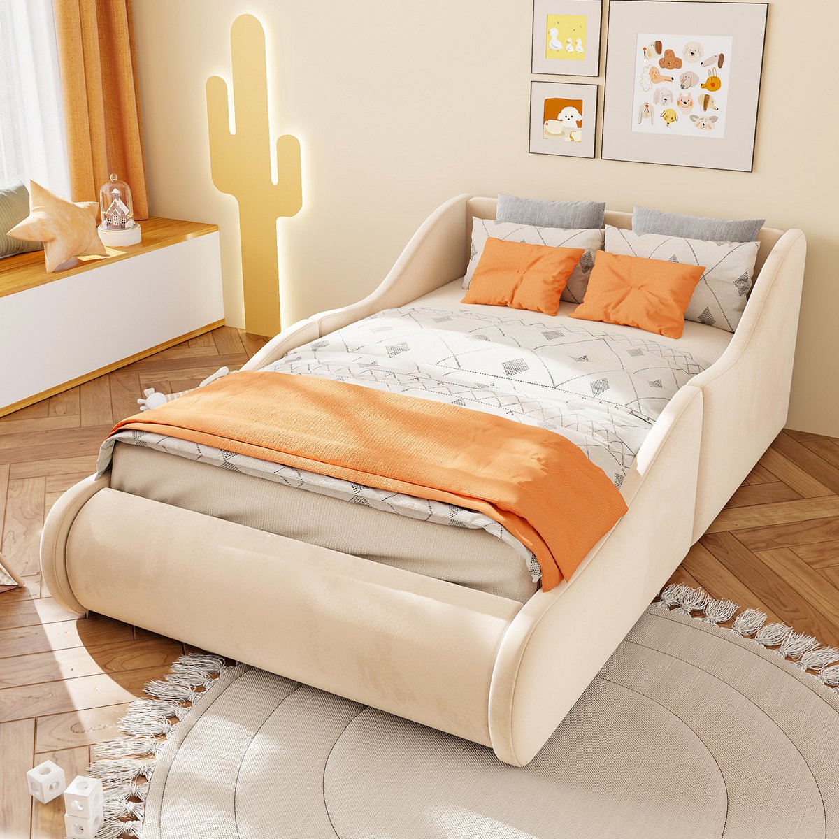 Kinderbed 90x200 cm - Gestoffeerd Met Hoog Hoofdbord En Uitvalbeveiliging - Met Lattenbodem - Zonder Matras - Stof - Beige