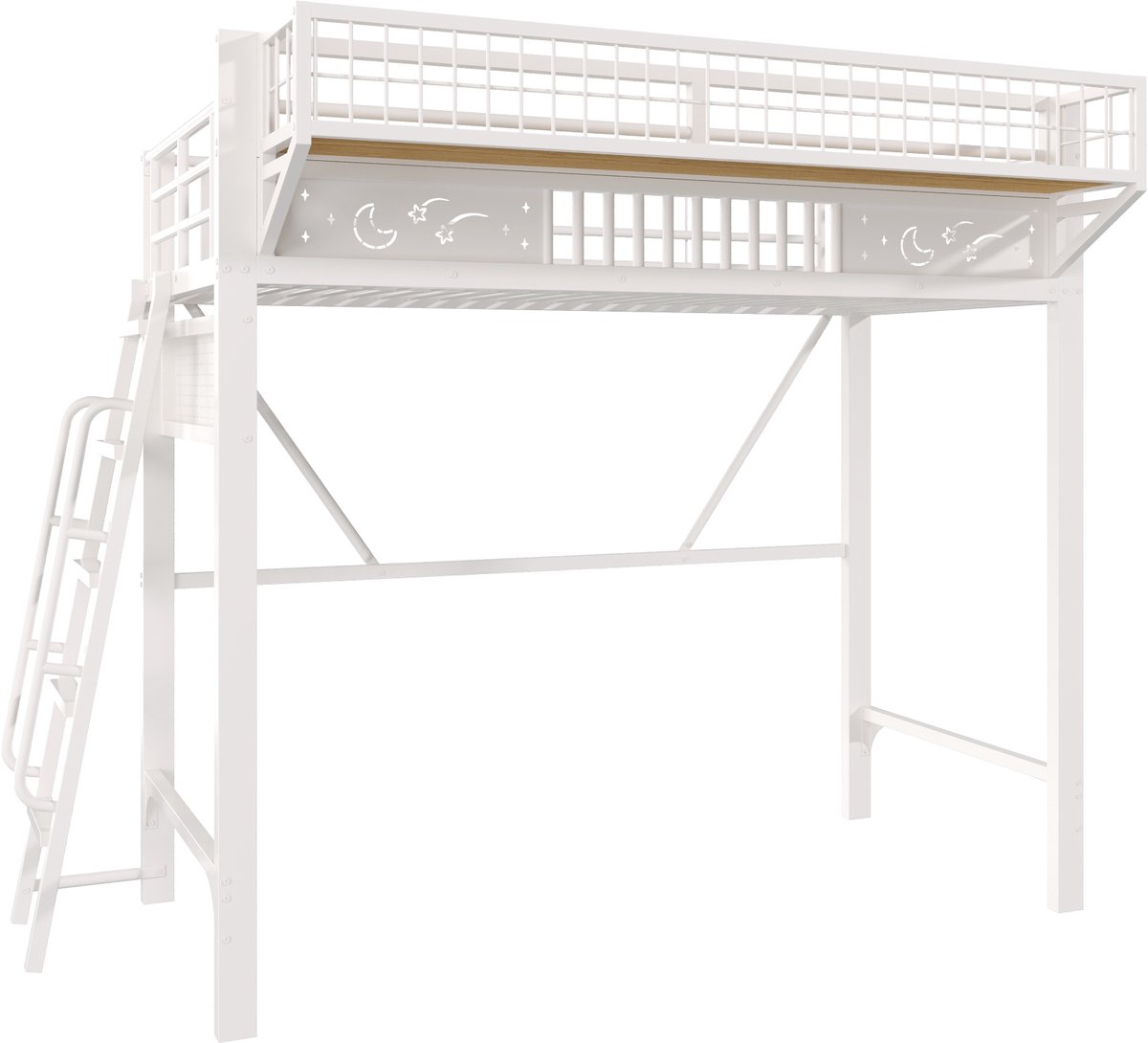 STILVORA Hoogslaper 90 x 200 cm – Metalen Bed met Ladder en Uitvalbeveiliging – Opbergruimte – Zonder Matras – Wit