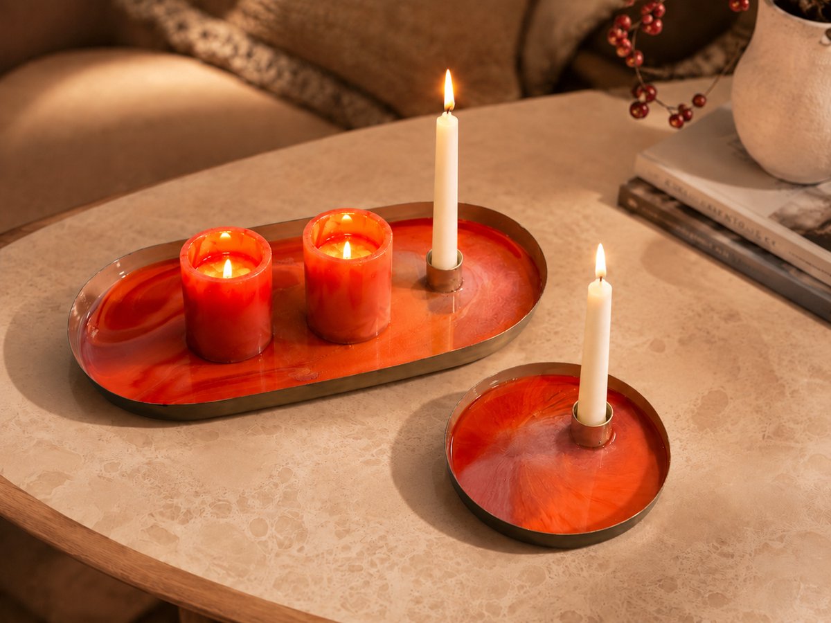 ZoeZo Design - 4 delige set - 2 plateautjes met plaats voor een diner kaars - 2 waxinelichtjeshouder - goud - oranje - metaal - epoxy