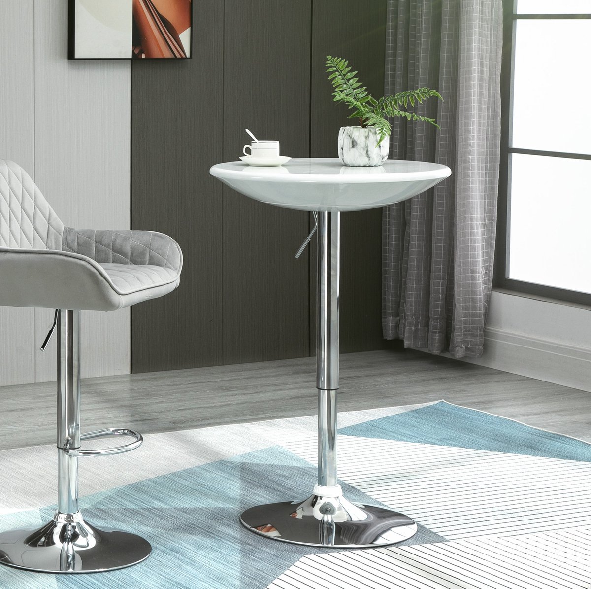 OKWISH Bartafel - 360 Graden Draaibaar En Hoogteverstelbaar - Keuken, Woonkamer En Feesten - Wit Metaal - Diameter 61 Cm - 76-97 Cm Hoog
