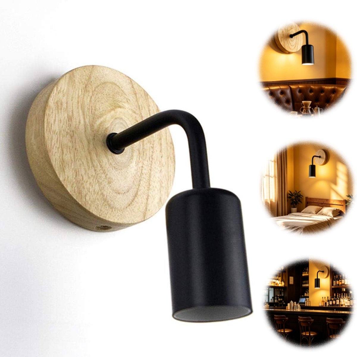 Nachtlampje - Retro wandlamp - Wandmontage - Warm licht - Hout & ijzer - Vintage & industriële stijl - Geschikt gangen, restaurants, tuinen, cafés - Zwart