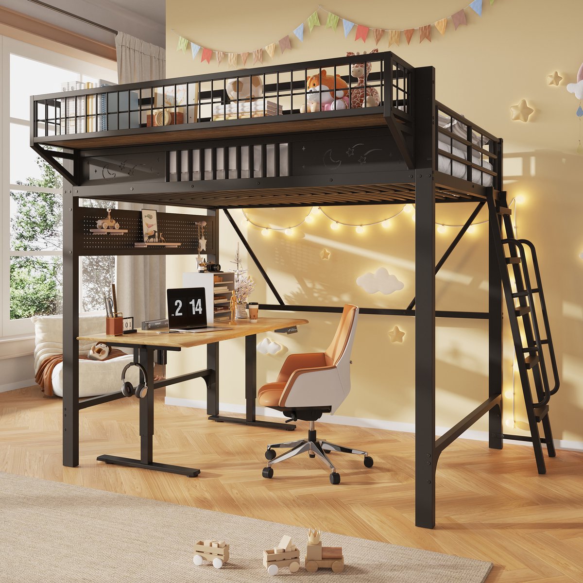 Hoogslaper 140x200 Cm - Metalen Bedframe Met Opbergvakken En Open Onderzijde - Zonder Matras - Voor Slaapkamer En Werkplek - Zwart