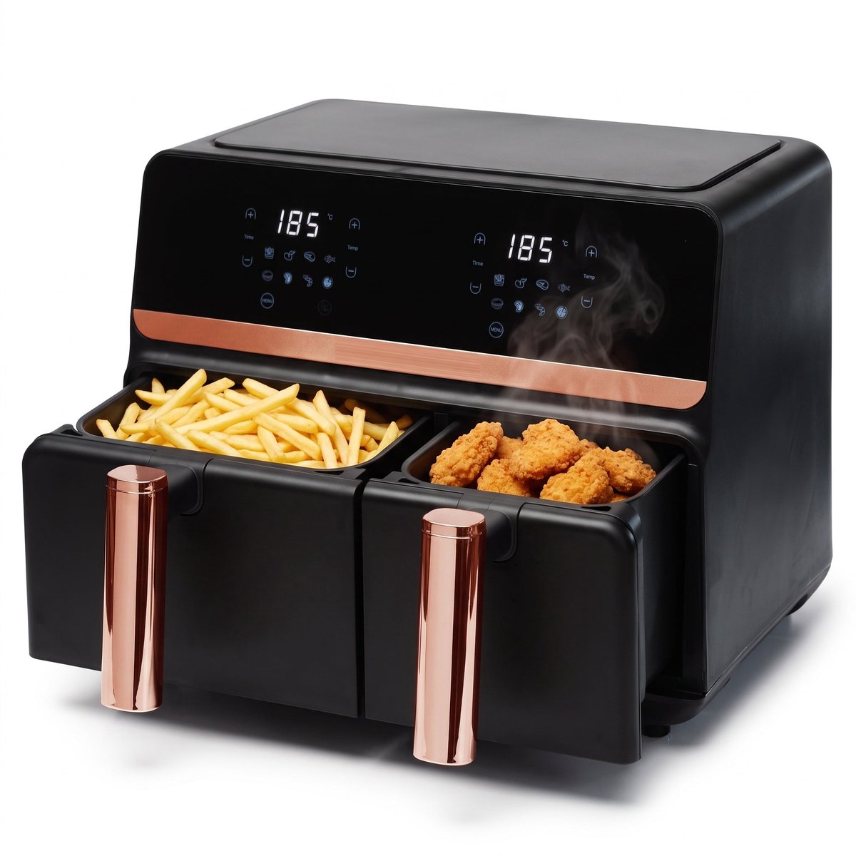 Cheqo® Dubbele Airfryer XXL - Heteluchtfriteuse Rosegoud - Dual Zone met Twee Kookvakken - Dubbele Mand - Hetelucht Friteuse met Touchscreen - Digitale Airfryer voor Gezin - Frituurpan zonder Olie - Snackpan Rose Gold met Grillplaat