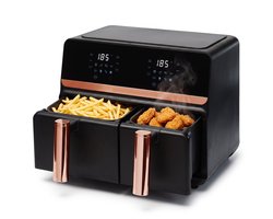 Cheqo® Dubbele Airfryer XXL - Heteluchtfriteuse Rosegoud - Dual Zone met Twee Kookvakken - Dubbele Mand - Hetelucht Friteuse met Touchscreen - Digitale Airfryer voor Gezin - Frituurpan zonder Olie - Snackpan Rose Gold met Grillplaat