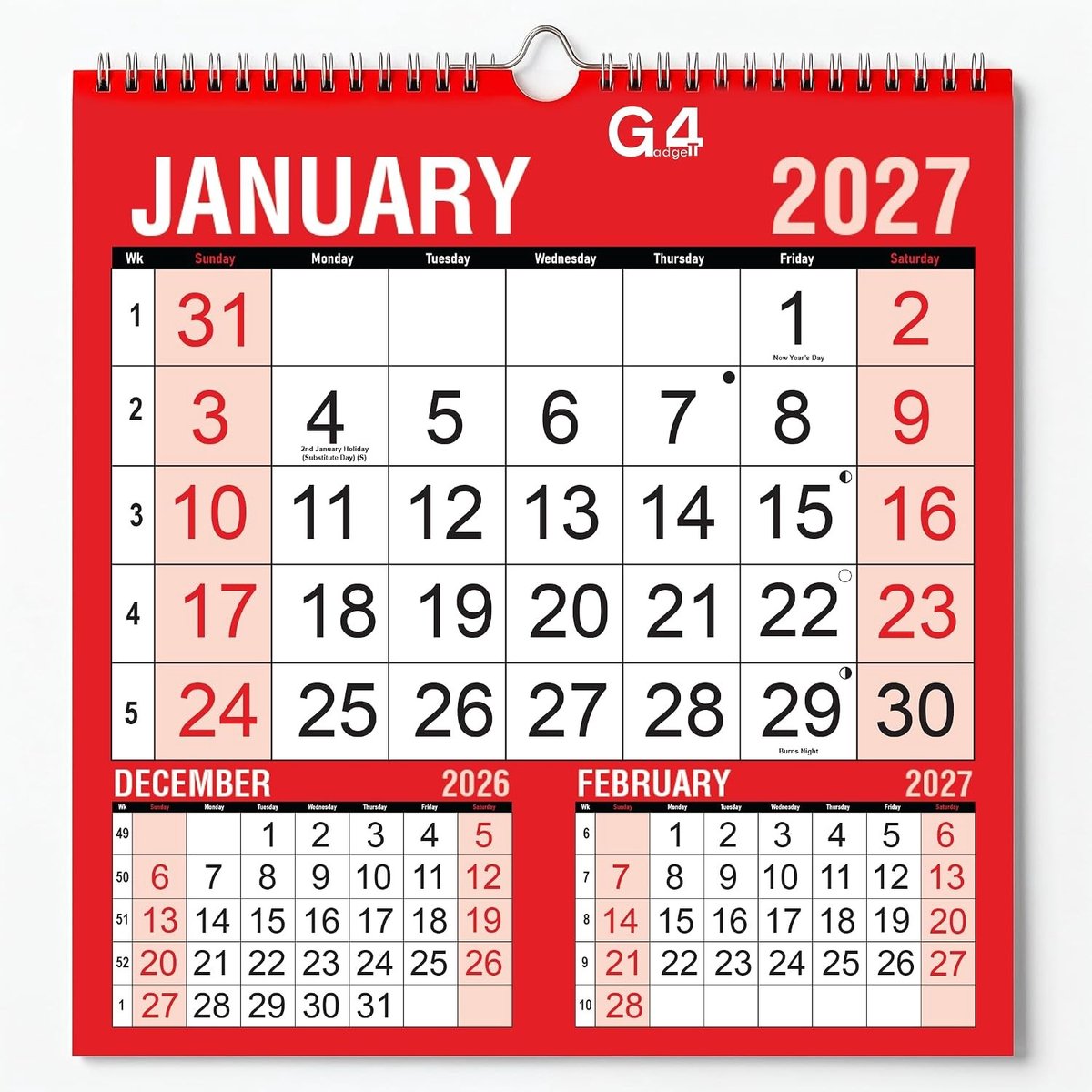 Drie maanden om te bekijken wandkalender - Rood - Spiraalgebonden Planner voor 2026 - Voor Thuis, Kantoor en School