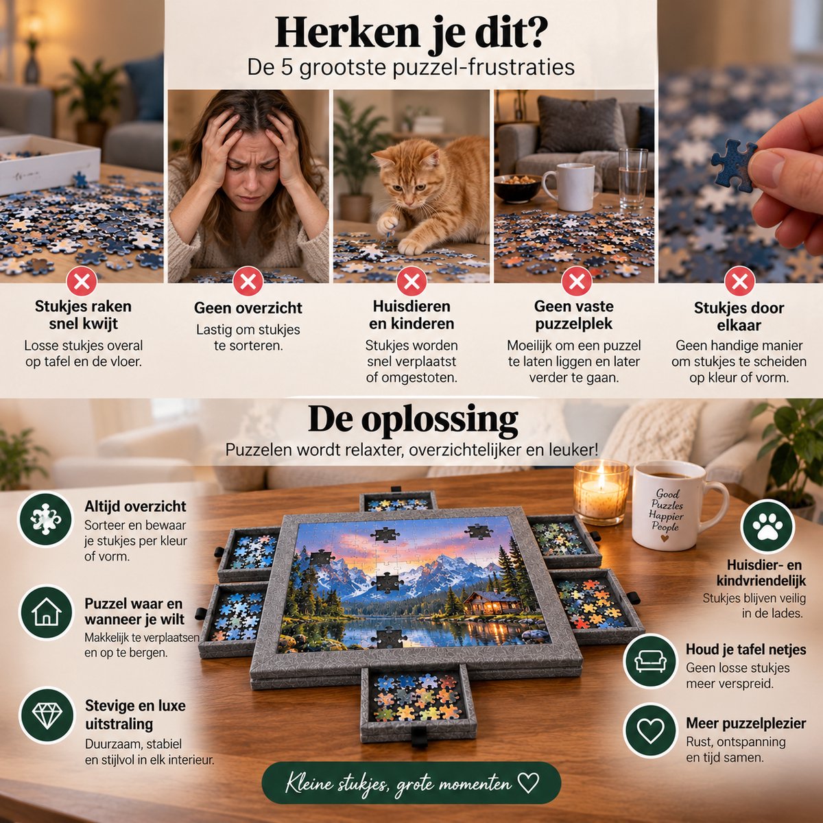 Currero Puzzeltafel Met Lades 1000 Stukjes - Puzzelbord - Puzzelmat - Opbergsysteem - Vilt - Met Deksel - Legpuzzel Accessoires - 1000 Pcs Grijs