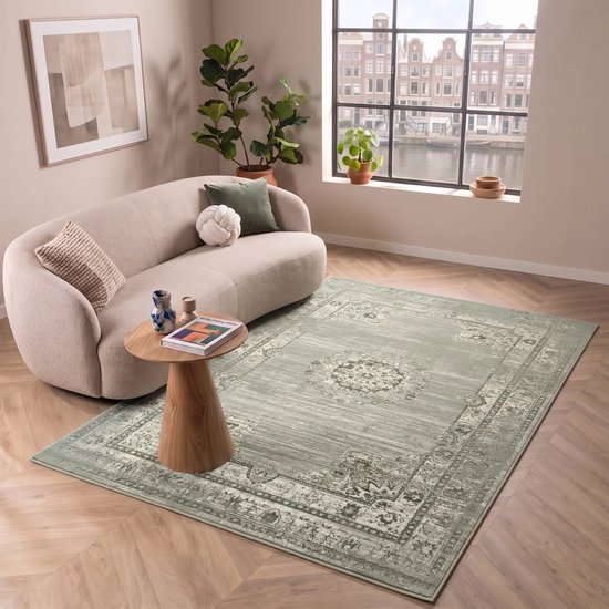 Mintgroen vloerkleed met antiek patroon in een modern ingerichte woonkamer.