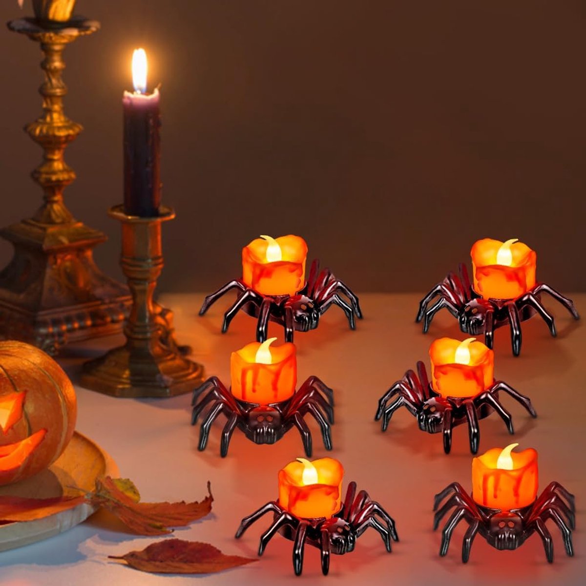 6 Stuks Spinnenmotief LED Kaarsen - Waxinelichtjes op Batterijen - Veilig en Duurzaam - Warm Licht - Halloween Decoratie - SOLLBRY®