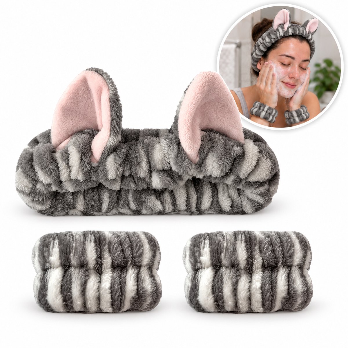 Make-up Haarband en 2 Absorberende Polsbandjes - Kat Grijs – Skincare Set voor Gezichtsreiniging – Cosplay - Carnaval Verkleedaccessoire