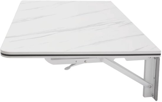 Detail van de witte, inklapbare tafel aan de muur gemonteerd.