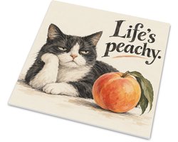 Tegeltje mat met hanger Chagrijnige Kat met Perzik Life's Peachy Grappige Tekst Zwart-Witte Kat Kattenhumor Illustratie Droog Cadeau voor Kattenliefhebber en Poes Baasje Keuken Wandbord 15x15 cm mat