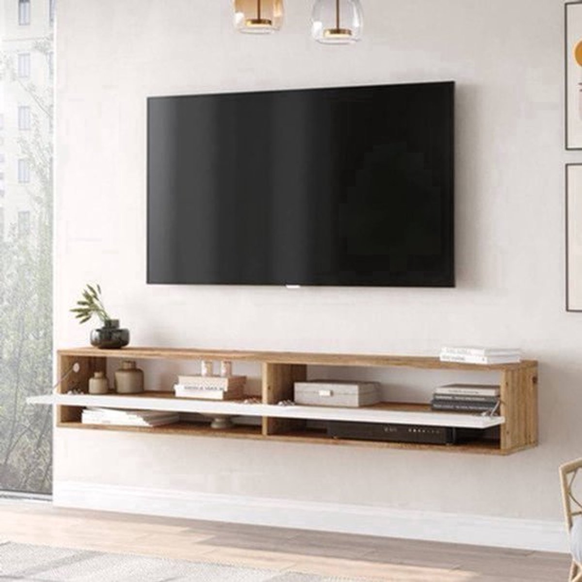 tv meubel – tv kast – tv dressoir – tv tafel – media meubel – Zwevend Wandmeubel – Melamine Spaanplaat Rustiek Eiken Wit – 180 cm Breed – 2 Open Vakjes