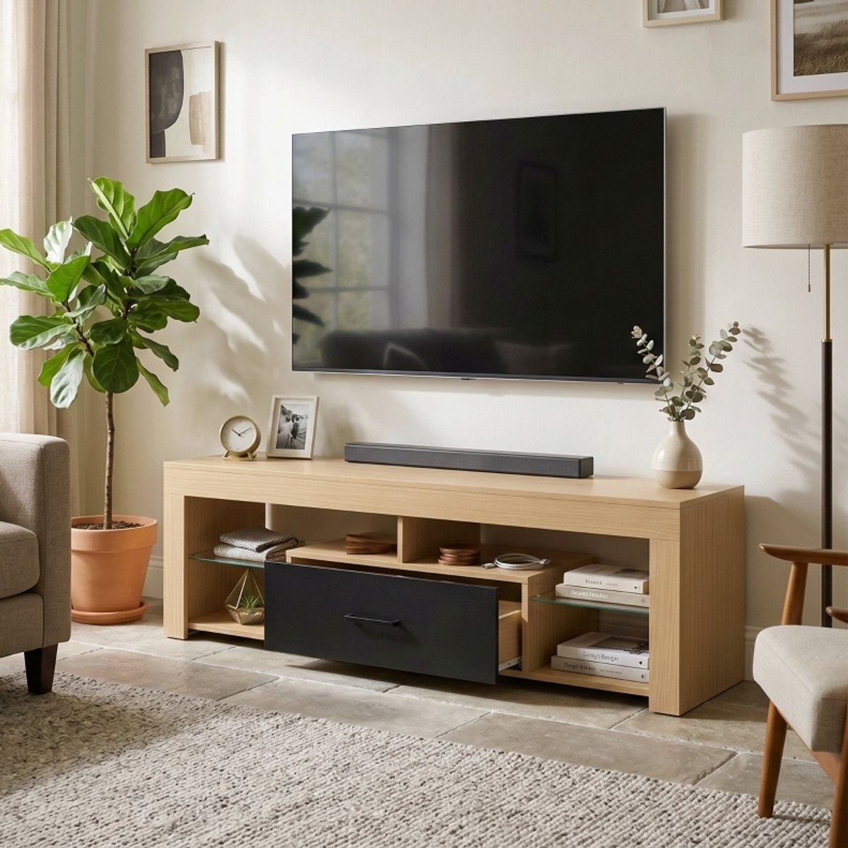 REDOM - TV-meubel - Verstelbare glazen planken - Open vakken en lade - Moderne stijl - Woonkamer - Spaanplaat met melamine - Eiken en zwart - 140 x 40 x 45 cm