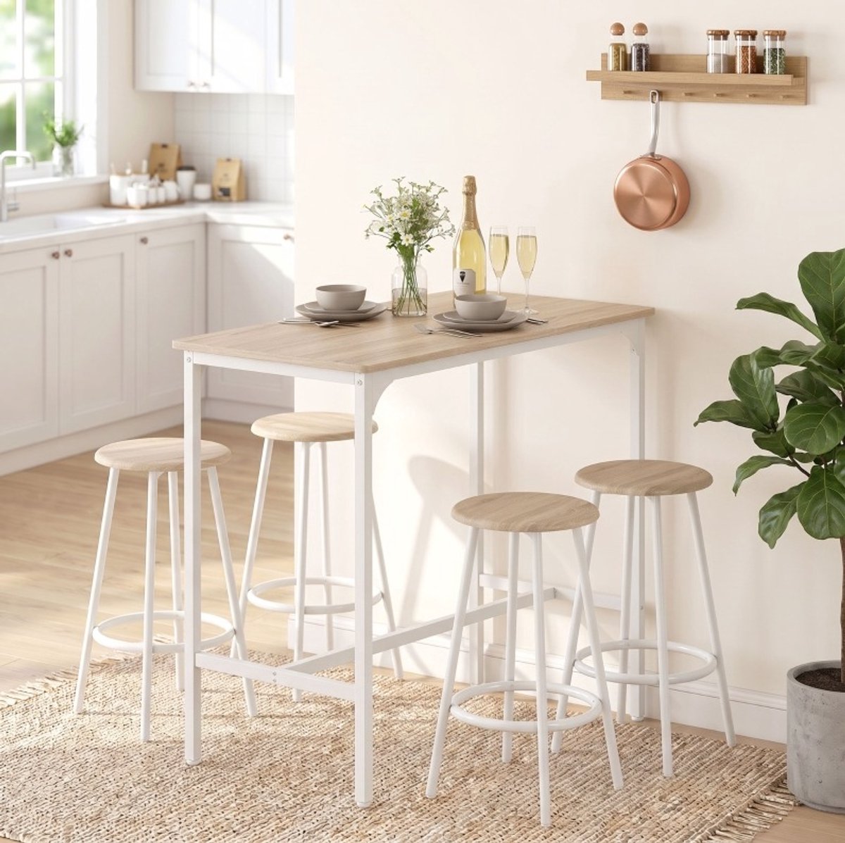 REDOM - Bartafelset met 4 barkrukken - Metalen frame - Verstelbare poten - Industriële stijl - Keuken en eetkamer - Hout en metaal - Eik - 110 x 50 x 89,5 cm