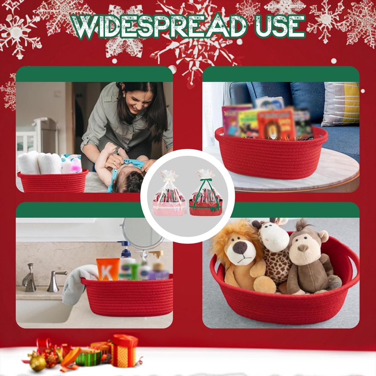 Kerst Cadeau Mand Set - Cadeaumand - 35 x 25 x 15 cm - Gevlochten Mand met Zak en Lint - voor Kerst Cadeaus - roze – foto 3